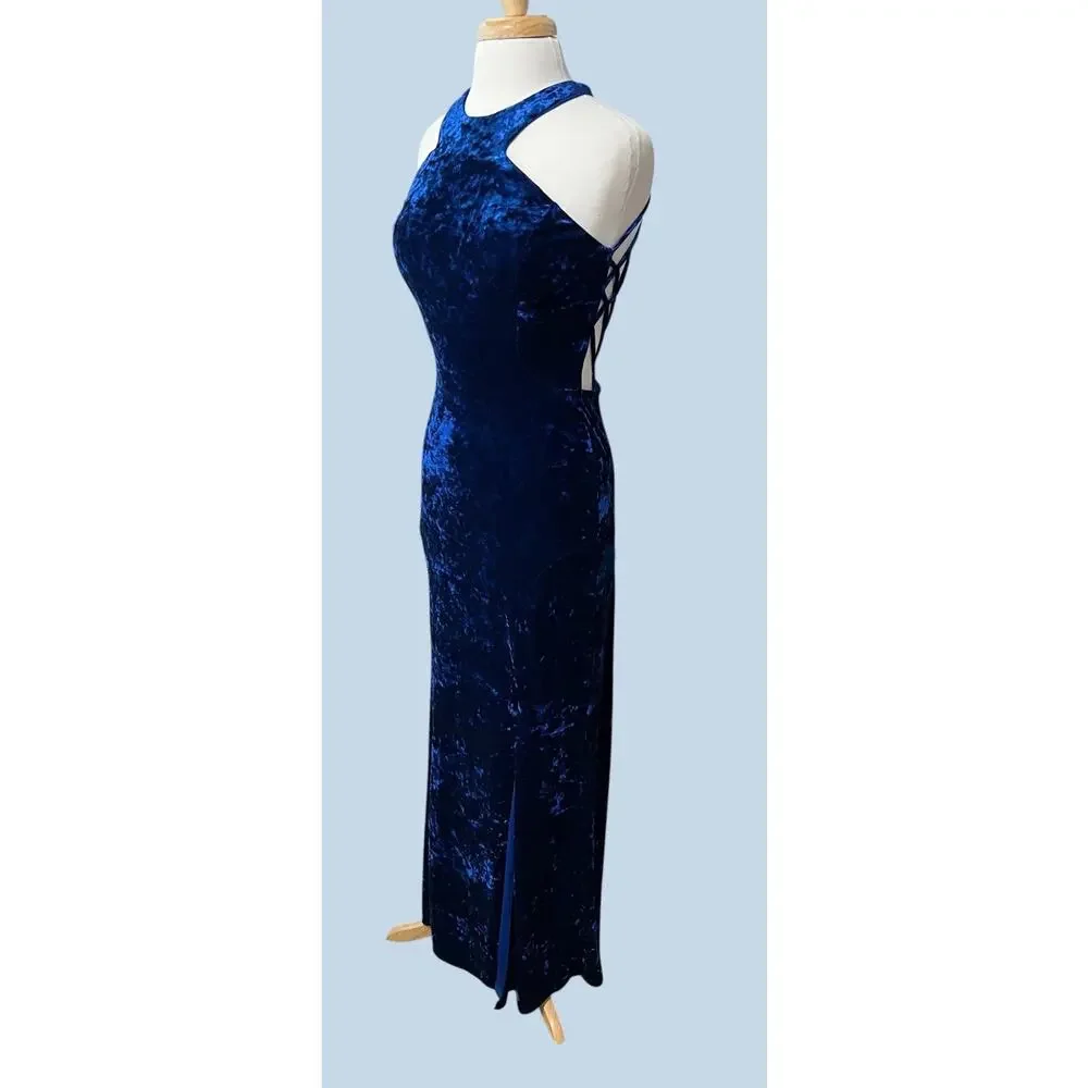 Vtg 90's Y2K Morgan Co Maxi Dress 9/10 Dark Blue Crushed Velvet Whimsigoth Fairy